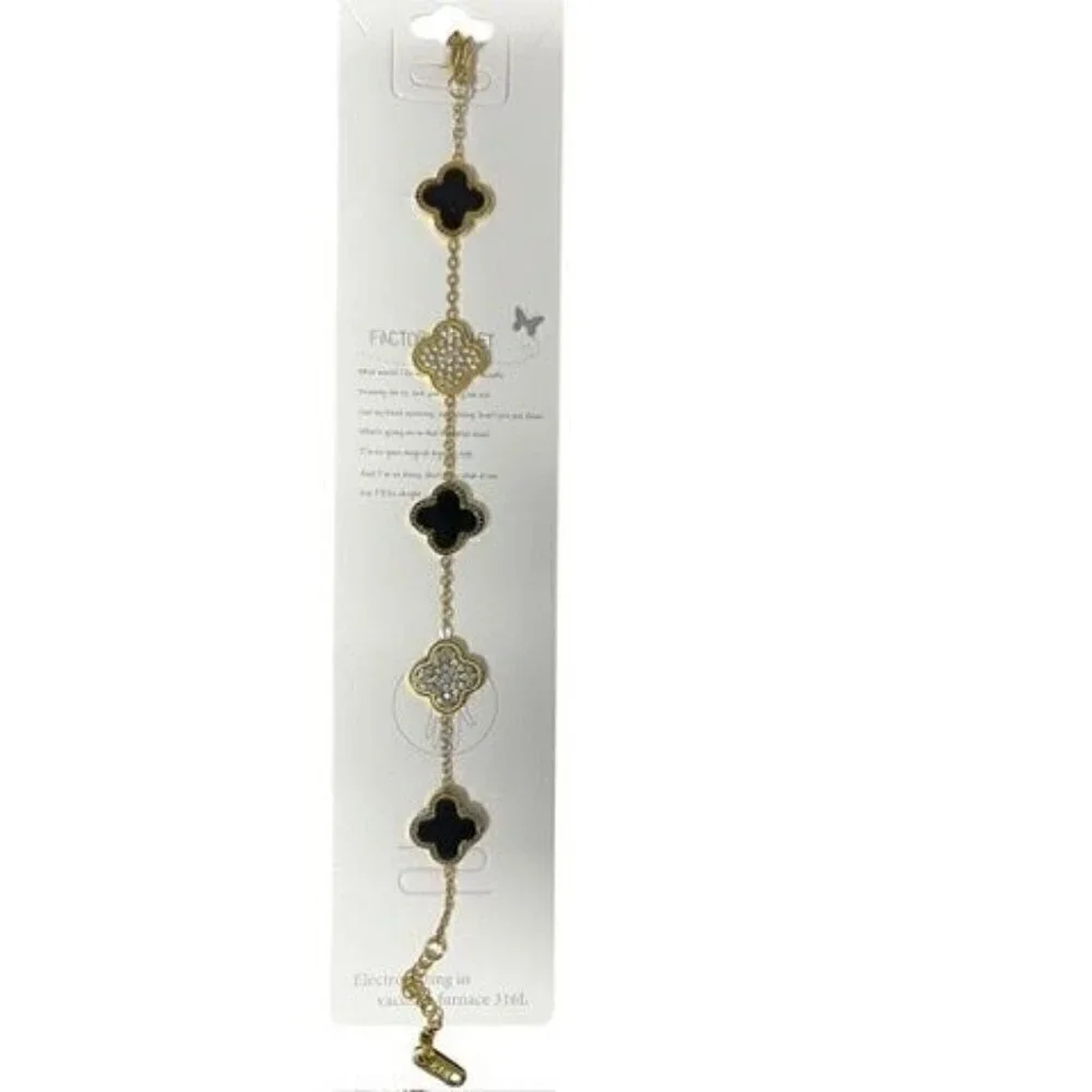 WOMEN PLATED Gold-Tone Clover IRISH SHAMROCK Charm Bracelet With Black & Crystal